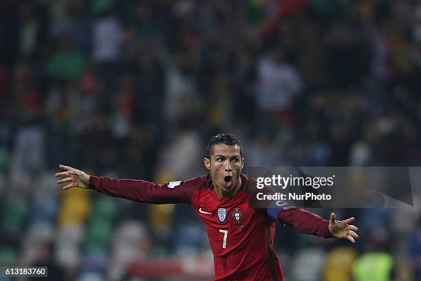 Portugal's forward Cristiano Ronaldo celebrates after scoring goal during the 2018 FIFA World Cup Qualifiers matches between Portugal and Andorra in...