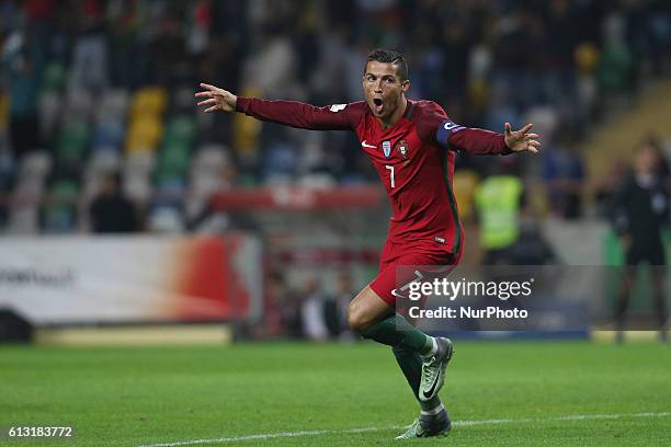 Portugal's forward Cristiano Ronaldo celebrates after scoring goal during the 2018 FIFA World Cup Qualifiers matches between Portugal and Andorra in...