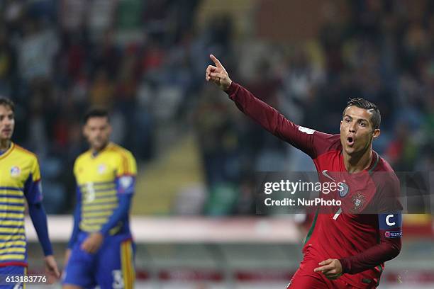 Portugal's forward Cristiano Ronaldo celebrates after scoring goal during the 2018 FIFA World Cup Qualifiers matches between Portugal and Andorra in...