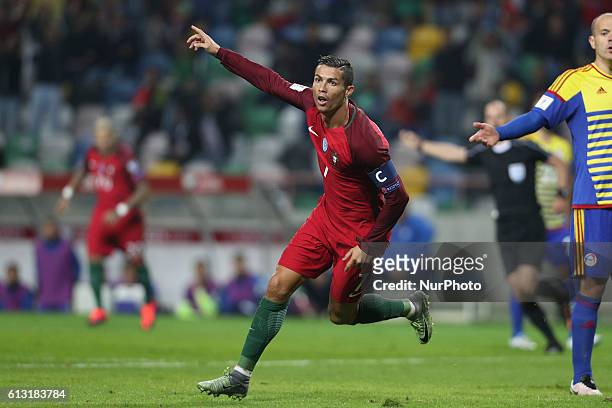 Portugal's forward Cristiano Ronaldo celebrates after scoring goal during the 2018 FIFA World Cup Qualifiers matches between Portugal and Andorra in...