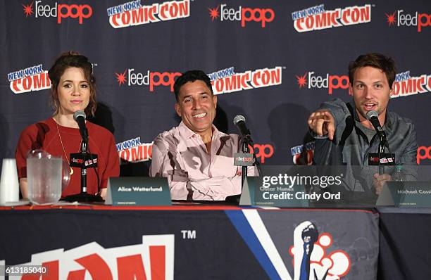Alice Wetterlund, Oscar Nunez and Michael Cassidy attend the TBS People of Earth at Comic Con NY 2016 at Jacob Javitz Center on October 7, 2016 in...
