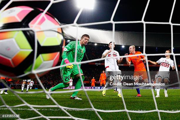 Davy Klaassen of the Netherlands shoots and scores his teams third goal of the game past Goalkeeper, Andrei Harbunow of Belarus during the FIFA 2018...