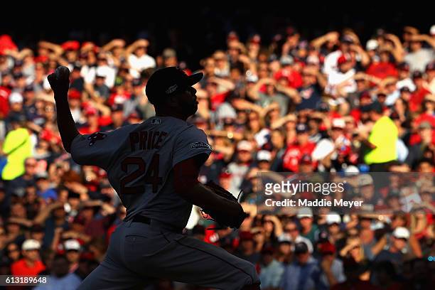 David Price of the Boston Red Sox throws a pitch in the first inning against the Cleveland Indians during game two of the American League Divison...