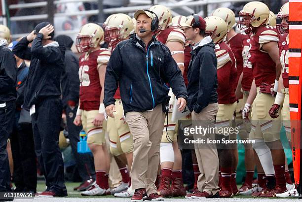 Boston College head coach Steve Addazio monitors the game from the sidelines. The Boston College Eagles defeated the State University of New York at...