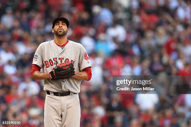 David Price of the Boston Red Sox reacts in the second inning against the Cleveland Indians during game two of the American League Divison Series at...