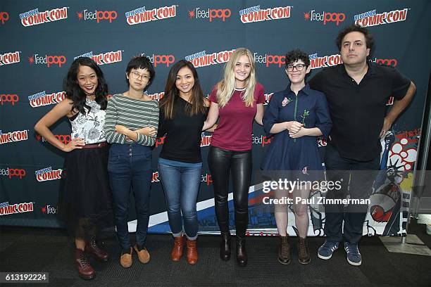 Shelby Rabara, Charlyne Yi, Jennifer Paz, AJ Michalka, Rebecca Sugar, and Tom Scharpling of "Steven Universe" pose at New York Comic Con on October...