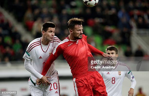 Haris Seferovic of Switzerland in action against Richard Guzmics of Hungary during the UEFA 2018 World Cup Qualifying match between Hungary vs...