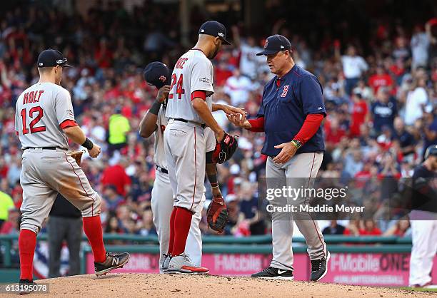 Manager John Farrell of the Boston Red Sox relieves David Price in the fourth inning against the Cleveland Indians during game two of the American...