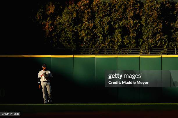 Jackie Bradley Jr. #25 of the Boston Red Sox stands in the outfield in the fourth inning against the Cleveland Indians during game two of the...