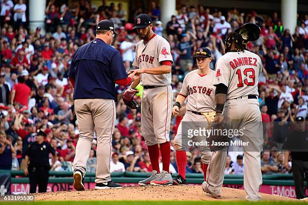 Manager John Farrell of the Boston Red Sox relieves David Price in the fourth inning against the Cleveland Indians during game two of the American...