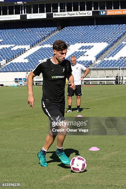 Liam Graham of New Zealand drives the ball during a New Zealand National Team training session at Nissan Stadium on October 07, 2016 in Nashville,...