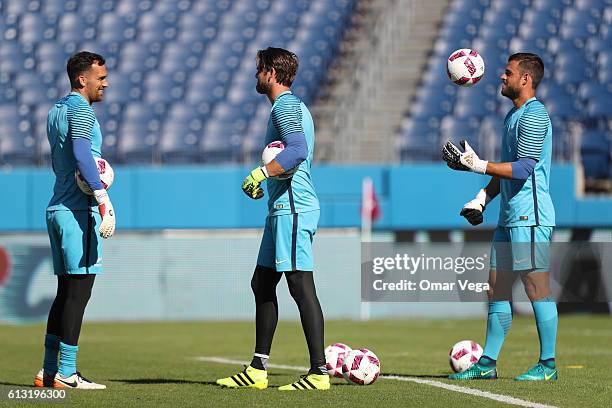 Goalkeepers of New Zealand warm up during a training session at Nissan Stadium on October 07, 2016 in Nashville, Tennesse, United States.