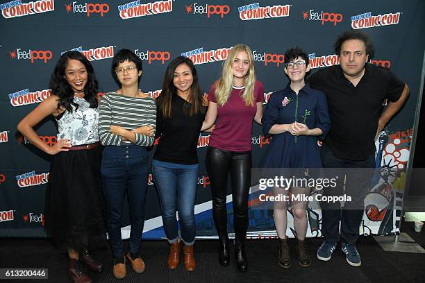 Shelby Rabara, Charlyne Yi, Jennifer Paz, AJ Michalka, Rebecca Sugar, and Tom Scharpling of 'Steven Universe' pose at New York Comic Con on October...