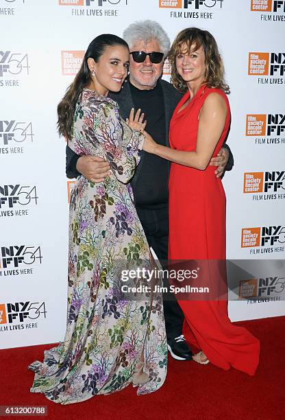 Actress Adriana Ugarte, director Pedro Almodovar and actress Emma Suarez attend the 54th New York Film Festival "Julieta" premiere at Alice Tully...