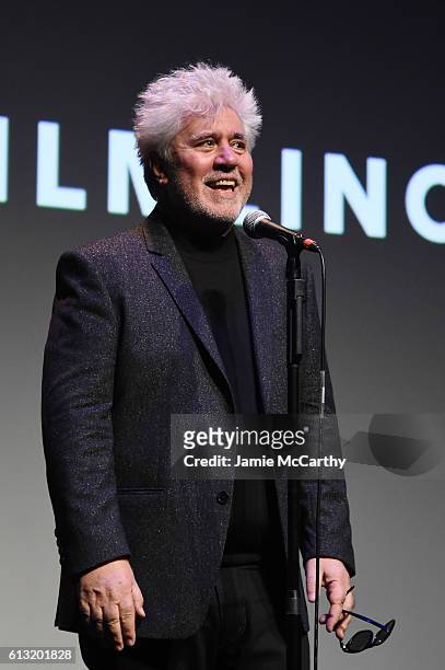 Director Pedro Almodovar speaks onstage at the "Julieta" intro and Q&A during the 54th New York Film Festival at Alice Tully Hall on October 7, 2016...