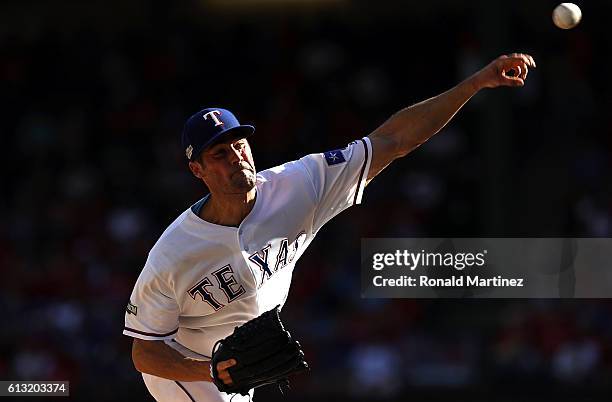 Cole Hamels of the Texas Rangers throws a pitch against the Toronto Blue Jays during game one of the American League Divison Series at Globe Life...