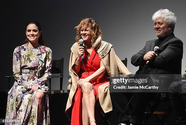 Emma Suarez, Adriana Ugarte and Director Pedro Almodovar speak onstage at the "Julieta" intro and Q&A during the 54th New York Film Festival at Alice...