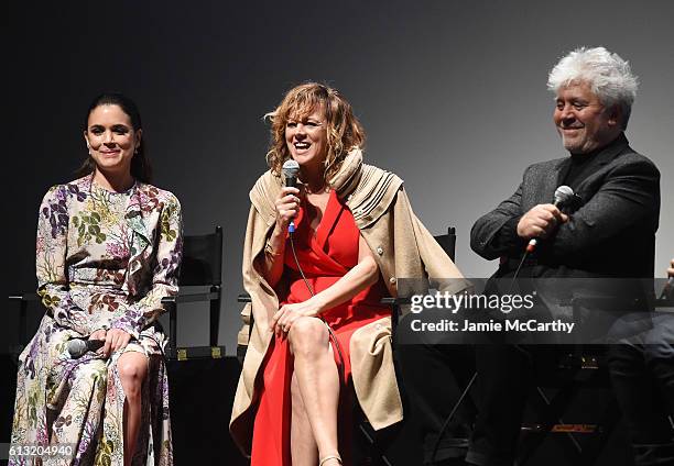 Emma Suarez, Adriana Ugarte and Director Pedro Almodovar speak onstage at the "Julieta" intro and Q&A during the 54th New York Film Festival at Alice...