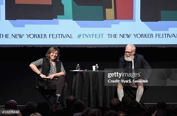 The New Yorker editor Susan Morrison and comedian and former talk show host David Letterman speak onstage during The New Yorker Festival 2016 - David...