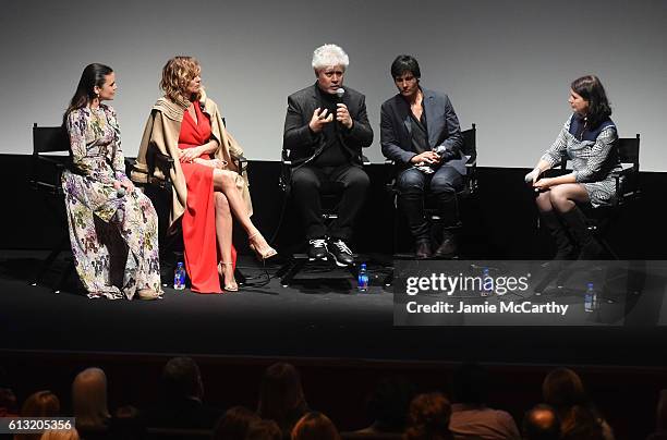 Emma Suarez, Adriana Ugarte, Director Pedro Almodovar, the interpreter and Florence Almozini speak onstage at the "Julieta" intro and Q&A during the...