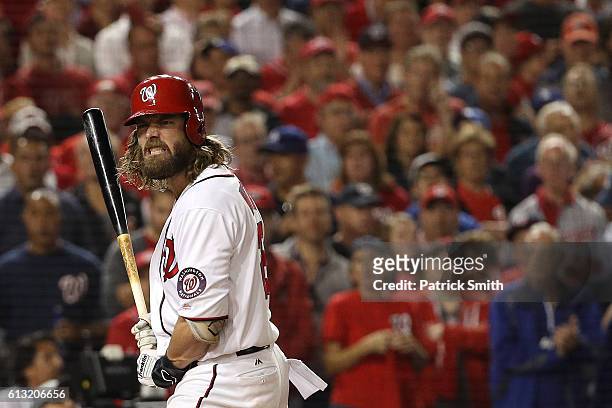 Jayson Werth of the Washington Nationals reacts after striking out for the final out of the ninth inning to be defeated by the Los Angeles Dodgers...