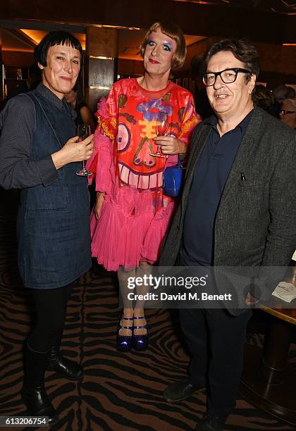 Cornelia Parker, Grayson Perry and Mark Wallinger attend the Frieze Magazine 25th anniversary dinner at Brasserie Zedel on October 7, 2016 in London,...