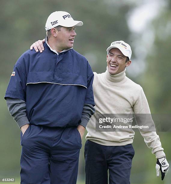 Lee Westwood of England with Jockey Frankie Dettori during the Pro-Am event of the Victor Chandler British Masters played at the Woburn Golf and...