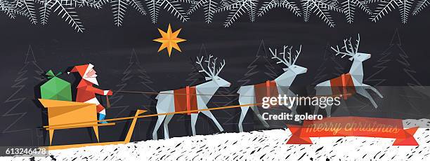 paper folded santa claus and reindeer sleigh on blackboard - santa sleigh cartoon stock illustrations
