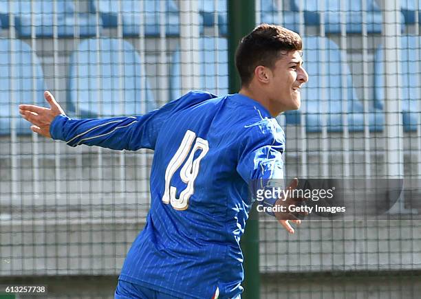 Riccardo Orsolini of Italy celebrates after scoring the opening goal during the Four Nations Tourmament match between Italy U20 and Poland U20 on...