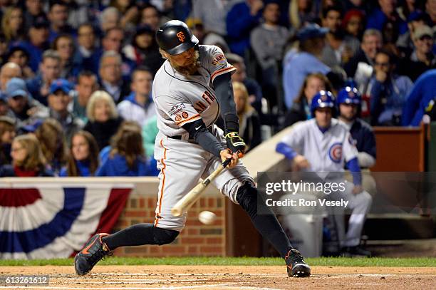 Hunter Pence of the San Francisco Giants bats during Game 1 of NLDS against the Chicago Cubs at Wrigley Field on Friday, October 7, 2016 in Chicago,...