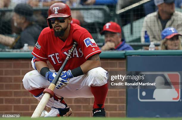 Rougned Odor of the Texas Rangers in game two of the American League Division Series at Globe Life Park in Arlington on October 7, 2016 in Arlington,...