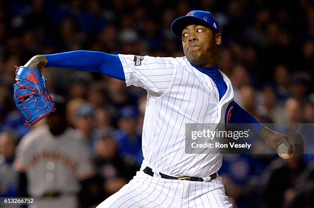 Aroldis Chapman of the Chicago Cubs pitches in the ninth inning during Game 1 of NLDS against the San Francisco Giants at Wrigley Field on Friday,...