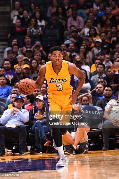 Anthony Brown of the Los Angeles Lakers handles the ball against the Denver Nuggets during a preseason game on October 7, 2016 at STAPLES Center in...