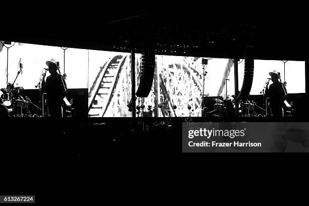 Musician Bob Dylan performs onstage during Desert Trip at the Empire Polo Field on October 7, 2016 in Indio, California.