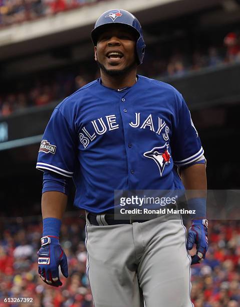 Edwin Encarnacion of the Toronto Blue Jays in game two of the American League Division Series at Globe Life Park in Arlington on October 7, 2016 in...