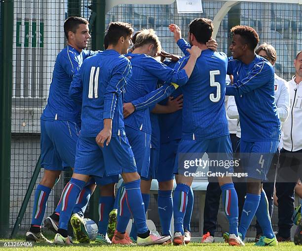 Italy celebrate a goal during the Four Nations Tourmament match between Italy U20 and Poland U20 on October 6, 2016 in Gorgonzola, Italy.