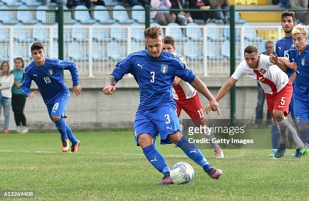 Federico Dimarco of Italy scores his team second goal from the penalty spot during the Four Nations Tourmament match between Italy U20 and Poland U20...
