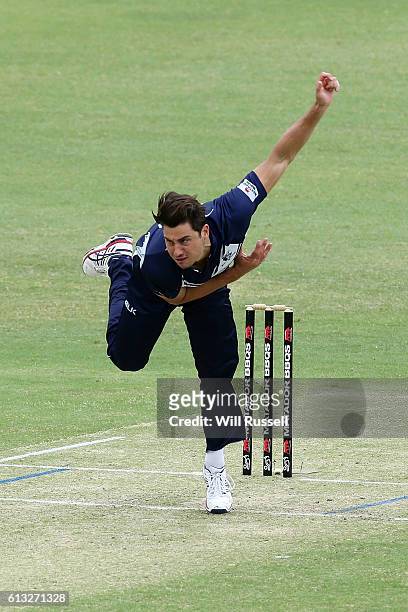 Marcus Stoinis of the Bushrangers bowls during the Matador BBQs One Day Cup match between Western Australia and Victoria at WACA on October 8, 2016...
