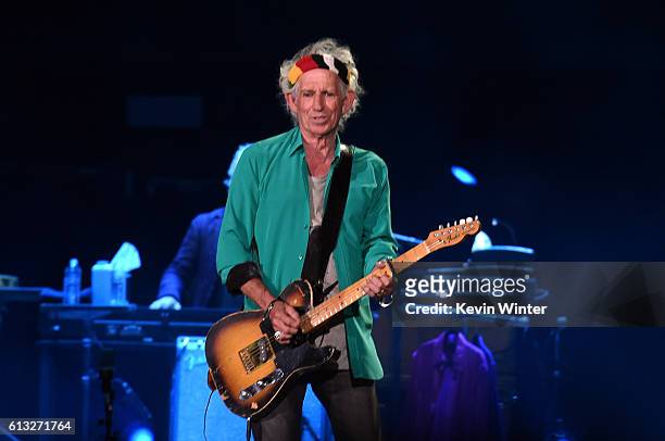 Musician Keith Richards of The Rolling Stones performs onstage during Desert Trip at the Empire Polo Field on October 7, 2016 in Indio, California.