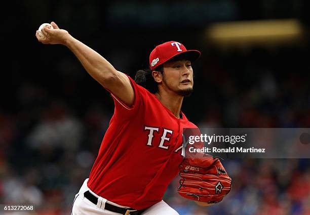 Yu Darvish of the Texas Rangers in game two of the American League Division Series at Globe Life Park in Arlington on October 7, 2016 in Arlington,...