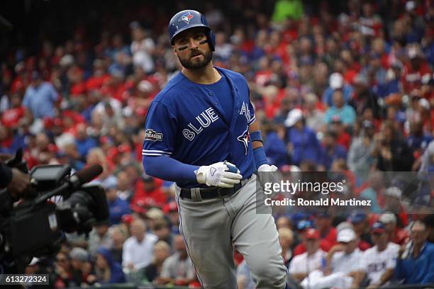 Kevin Pillar of the Toronto Blue Jays runs after hitting a homerun in game two of the American League Division Series against the Texas Rangers at...