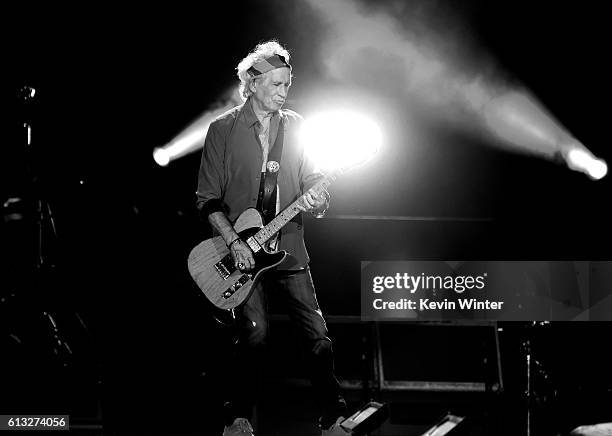 Musician Keith Richards of The Rolling Stones performs onstage during Desert Trip at the Empire Polo Field on October 7, 2016 in Indio, California.