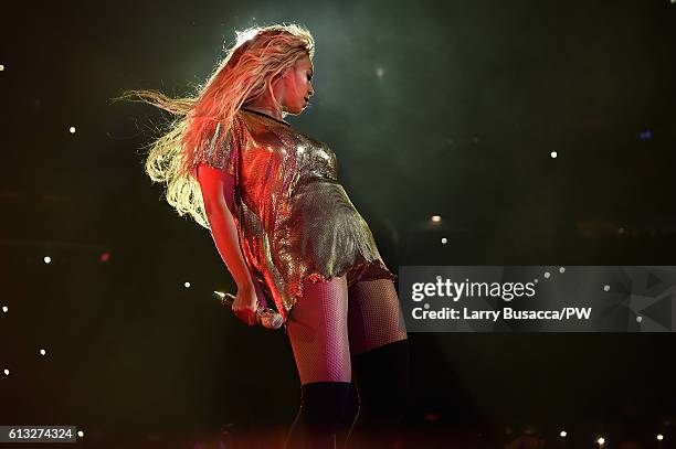 Entertainer Beyonce performs on stage during closing night of "The Formation World Tour" at MetLife Stadium on October 7, 2016 in East Rutherford,...