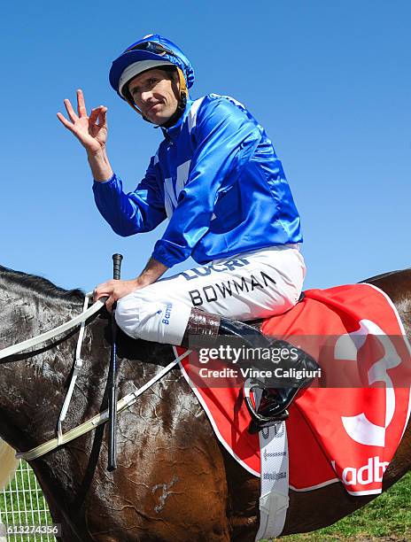 Hugh Bowman riding Winx after winning Race 6, Ladbrokes Caulfield Stakes during Caulfield Guineas Day at Caulfield Racecourse on October 8, 2016 in...