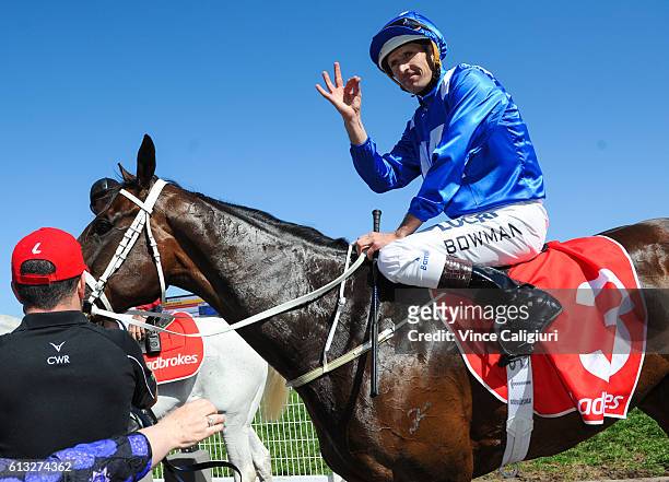 Hugh Bowman riding Winx after winning Race 6, Ladbrokes Caulfield Stakes during Caulfield Guineas Day at Caulfield Racecourse on October 8, 2016 in...