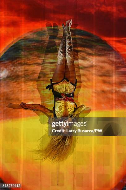 Entertainer Beyonce performs on stage during closing night of "The Formation World Tour" at MetLife Stadium on October 7, 2016 in East Rutherford,...