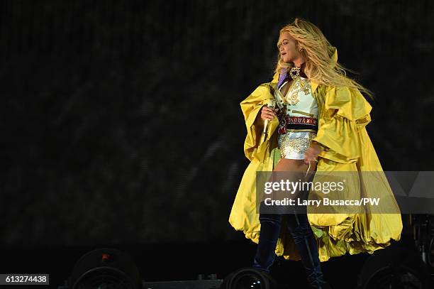 Entertainer Beyonce performs on stage during closing night of "The Formation World Tour" at MetLife Stadium on October 7, 2016 in East Rutherford,...