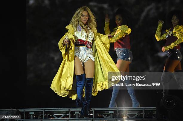 Entertainer Beyonce performs on stage during closing night of "The Formation World Tour" at MetLife Stadium on October 7, 2016 in East Rutherford,...