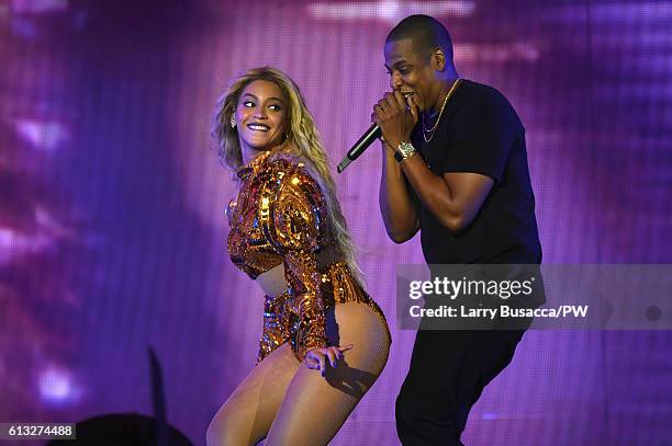 Entertainer Beyonce and Jay Z perform on stage during closing night of "The Formation World Tour" at MetLife Stadium on October 7, 2016 in East...