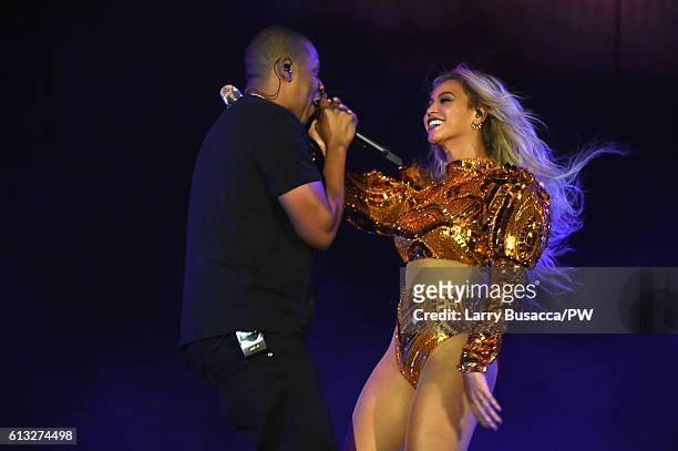 Entertainer Beyonce and Jay Z perform on stage during closing night of "The Formation World Tour" at MetLife Stadium on October 7, 2016 in East...